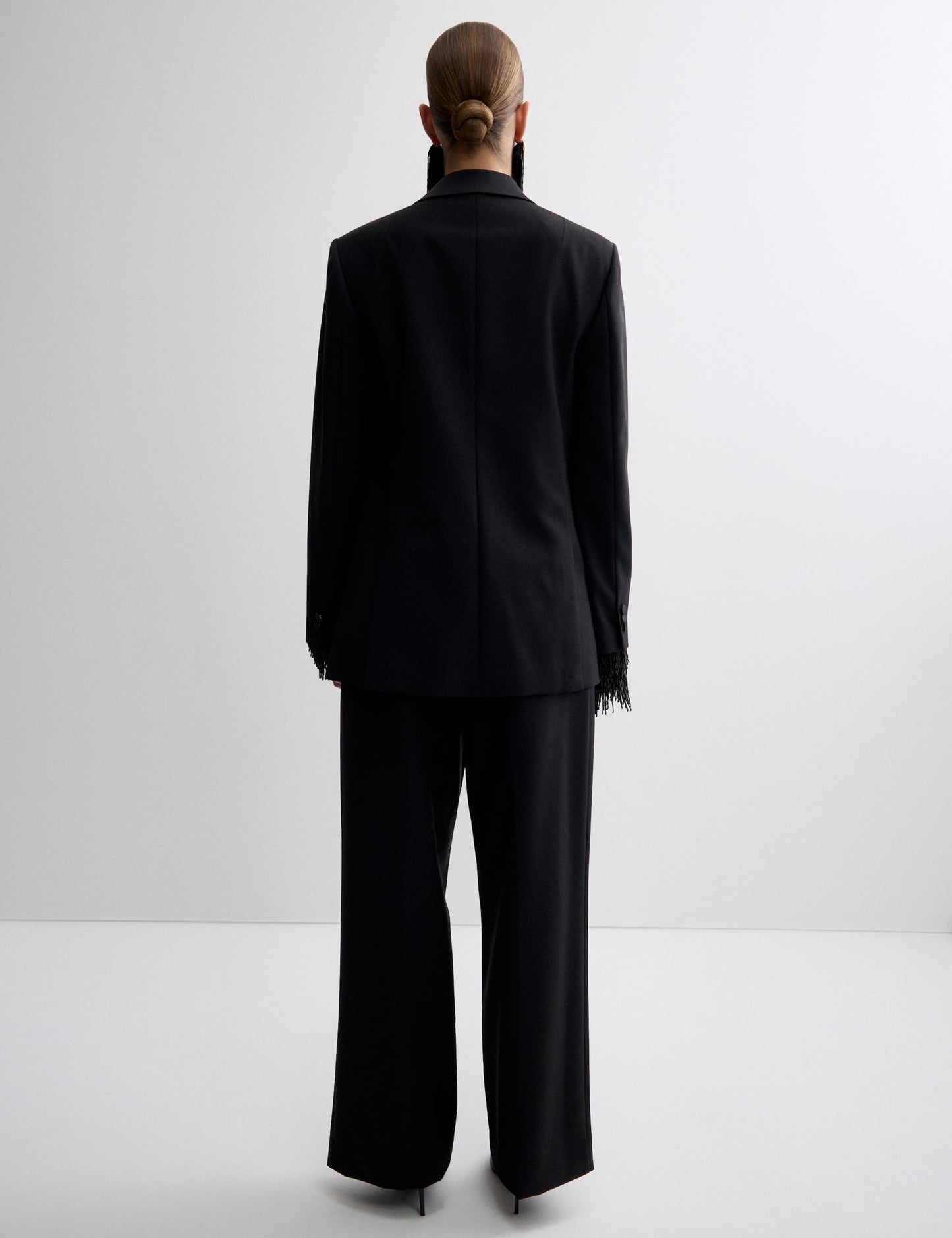 Wool Blend Satin Trim Wide Leg Trousers