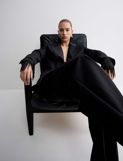 Wool Blend Satin Trim Wide Leg Trousers