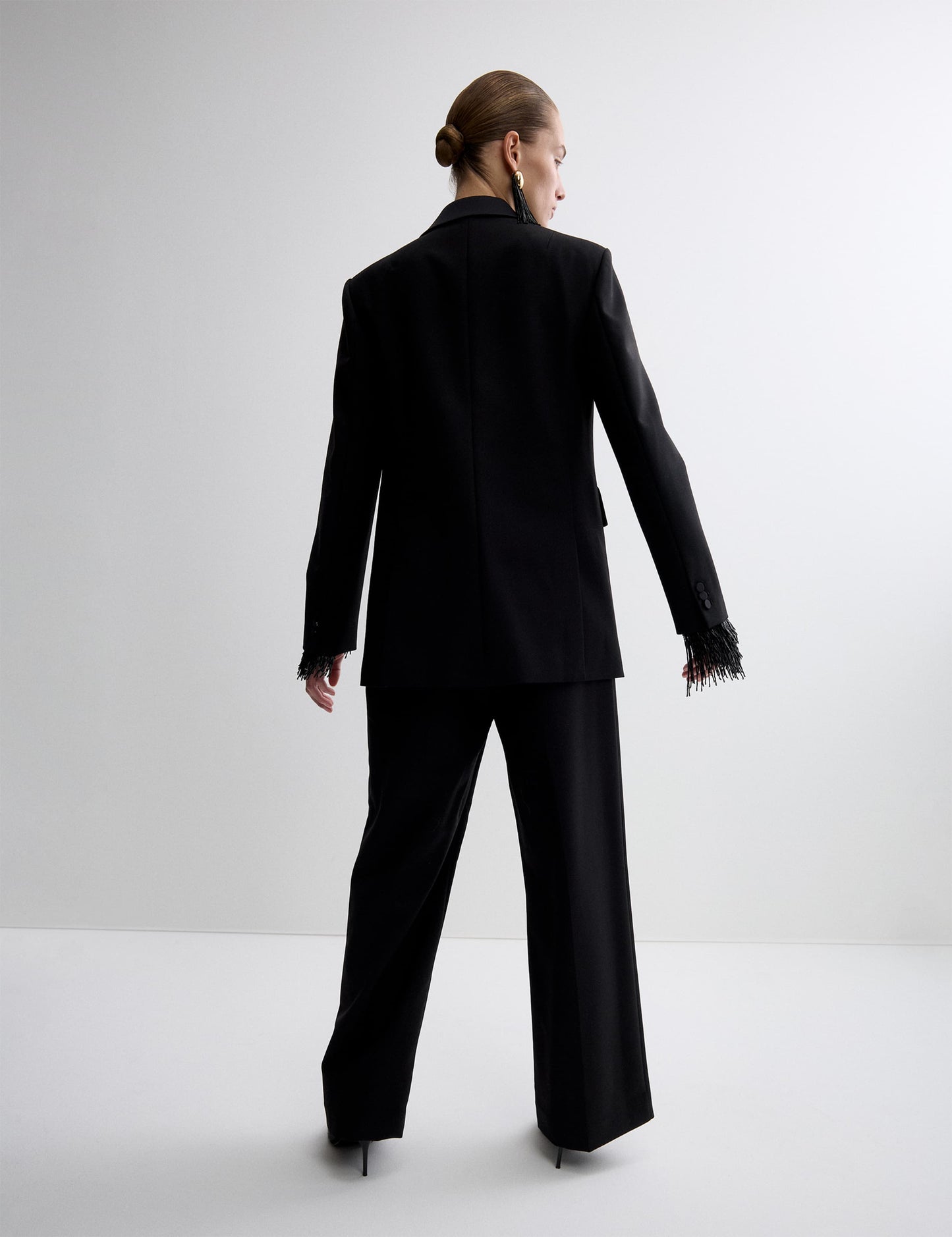 Wool Blend Satin Trim Wide Leg Trousers