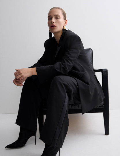 Wool Blend Satin Trim Wide Leg Trousers