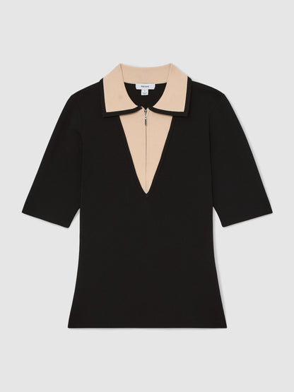 Contrast-Collar Half-Zip Knitted Top in Black/Ivory