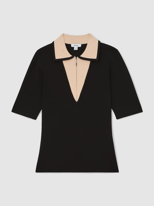 Contrast-Collar Half-Zip Knitted Top in Black/Ivory