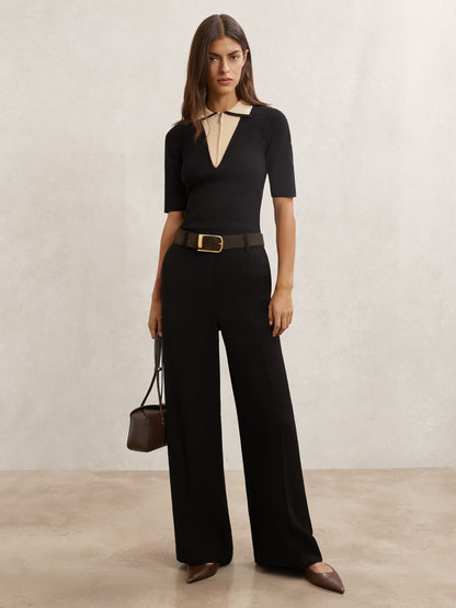 Contrast-Collar Half-Zip Knitted Top in Black/Ivory