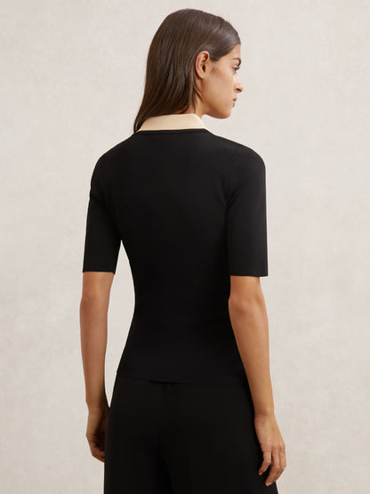 Contrast-Collar Half-Zip Knitted Top in Black/Ivory