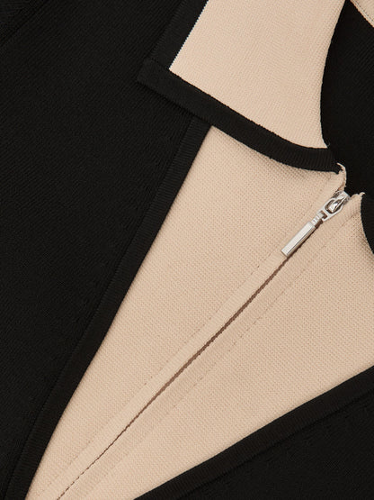 Contrast-Collar Half-Zip Knitted Top in Black/Ivory