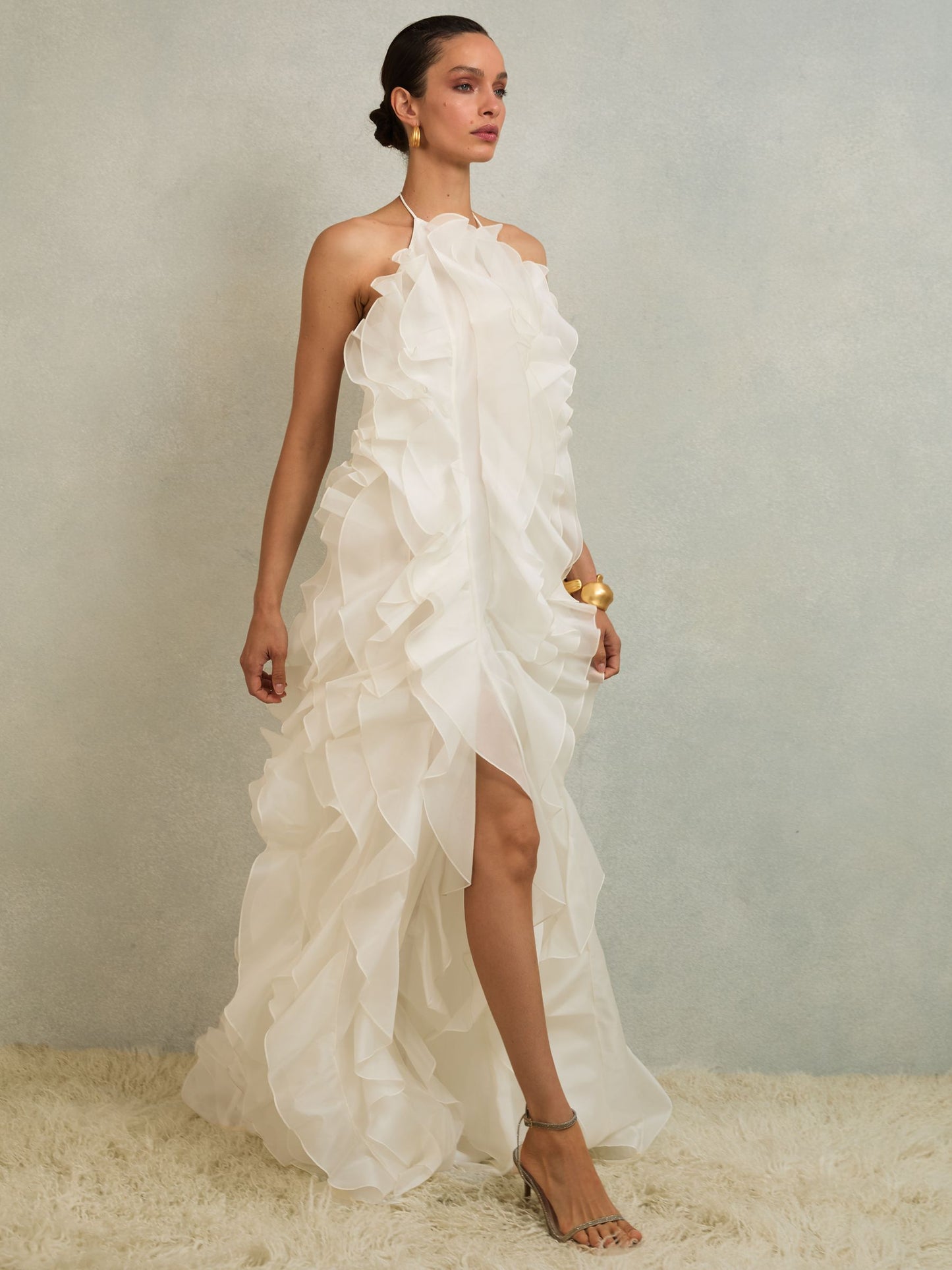 Atelier Silk-Organza Ruffle Maxi Dress in Off White