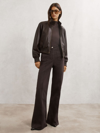 Eloise Leather Funnel-Neck Bomber Jacket in Chocolate Brown