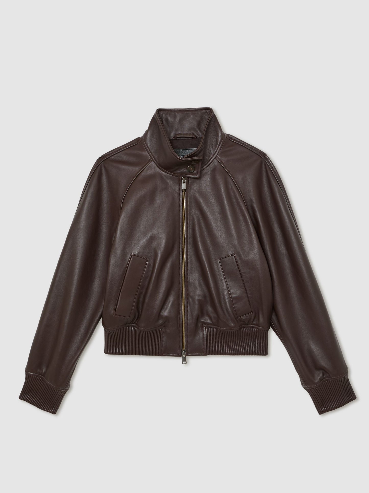 Eloise Leather Funnel-Neck Bomber Jacket in Chocolate Brown