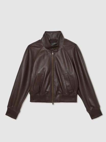 Eloise Leather Funnel-Neck Bomber Jacket in Chocolate Brown
