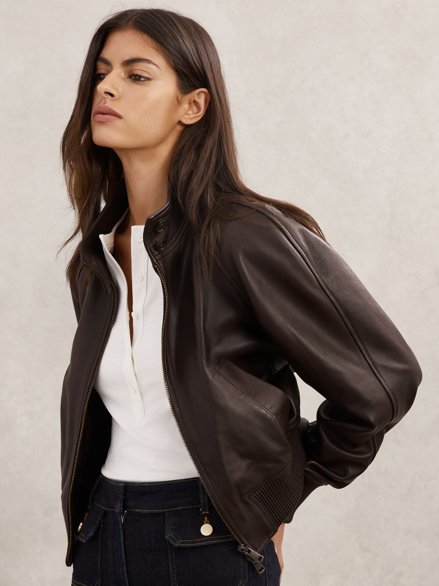 Eloise Leather Funnel-Neck Bomber Jacket in Chocolate Brown