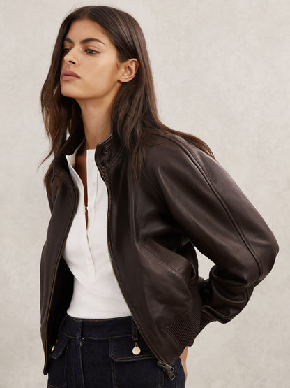 Eloise Leather Funnel-Neck Bomber Jacket in Chocolate Brown