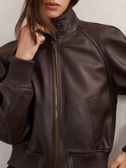 Eloise Leather Funnel-Neck Bomber Jacket in Chocolate Brown