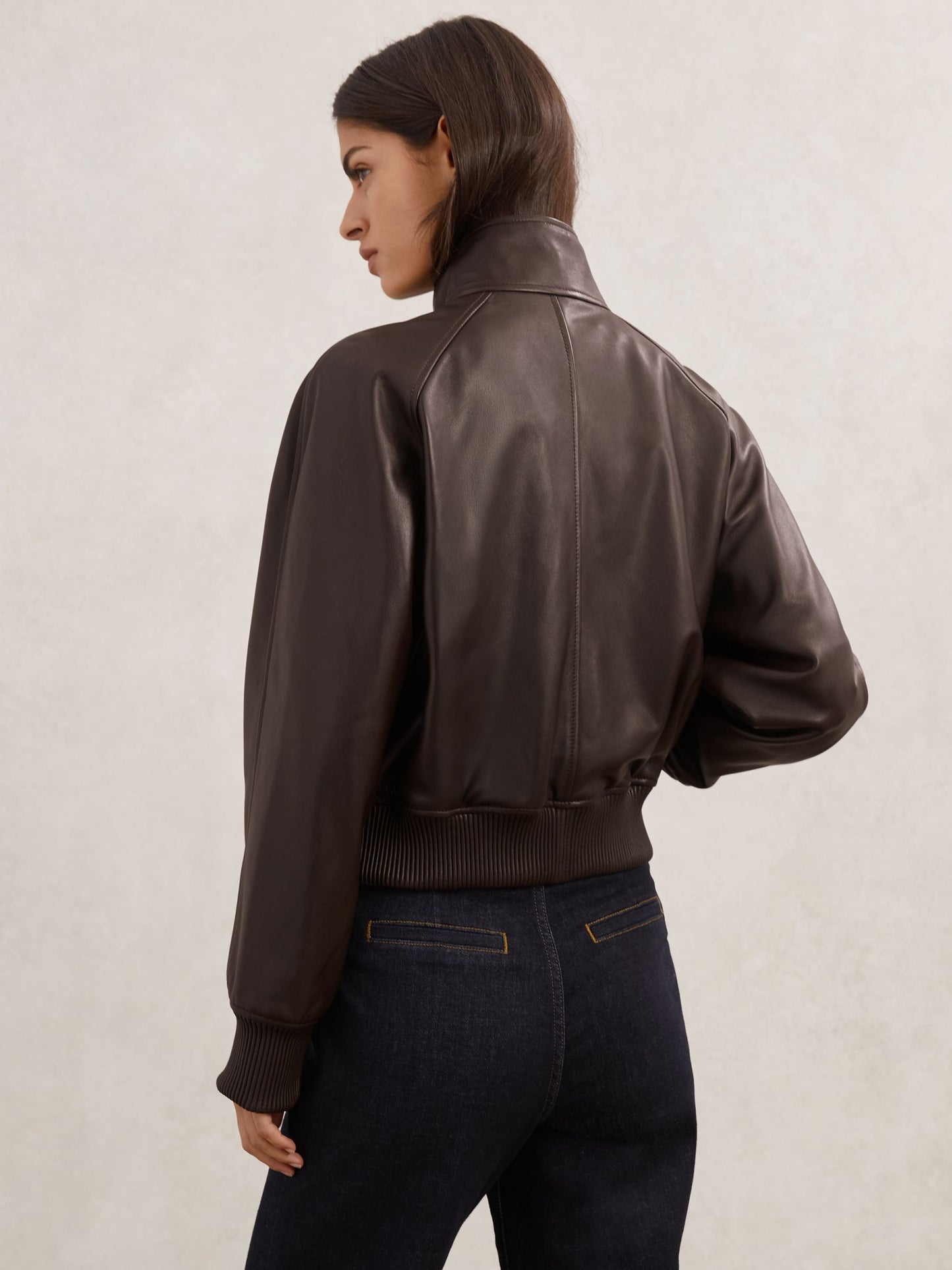 Eloise Leather Funnel-Neck Bomber Jacket in Chocolate Brown
