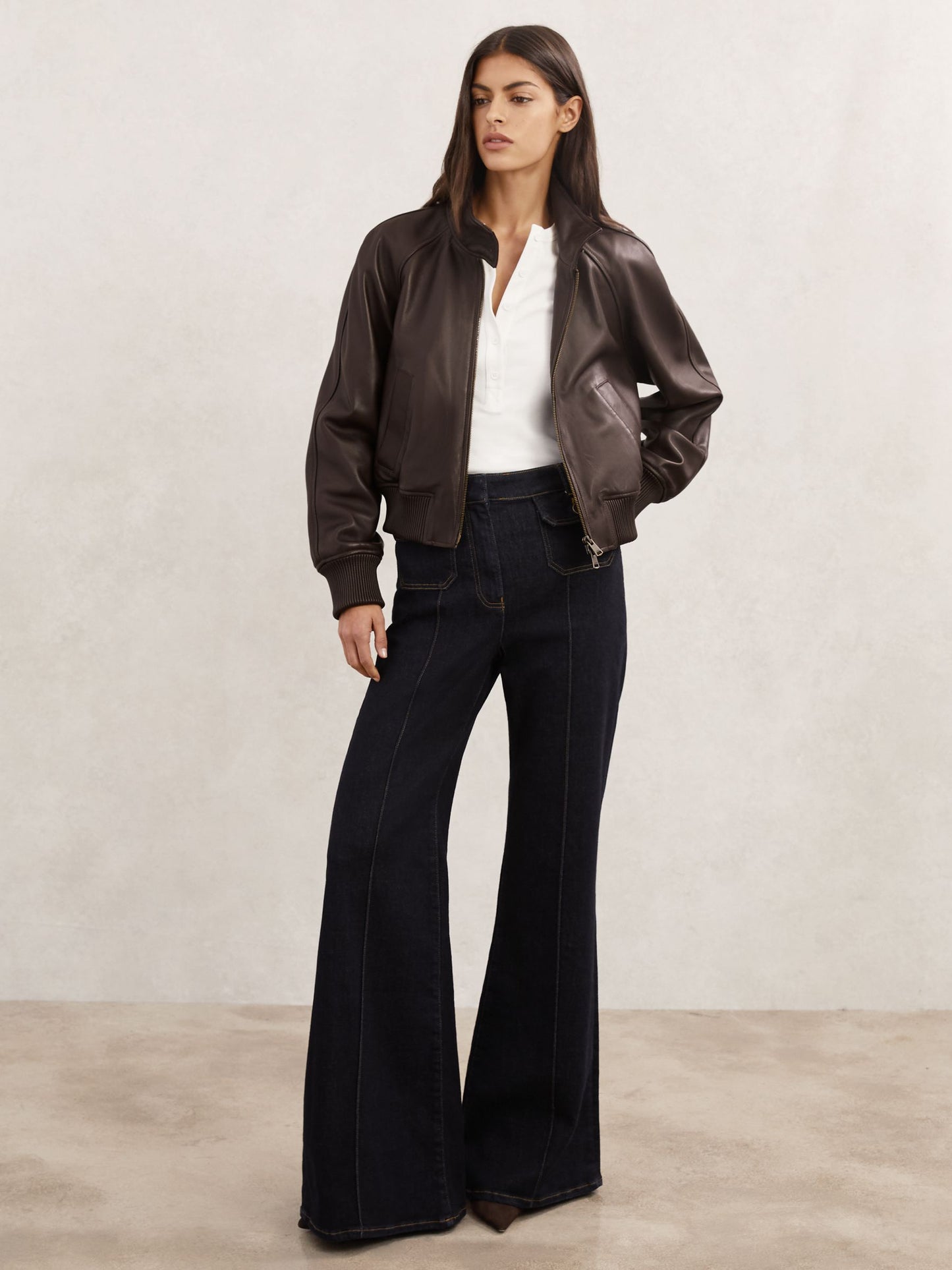 Eloise Leather Funnel-Neck Bomber Jacket in Chocolate Brown