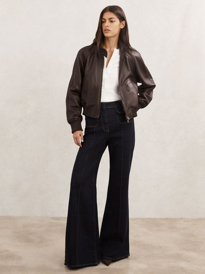 Eloise Leather Funnel-Neck Bomber Jacket in Chocolate Brown