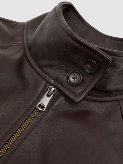 Eloise Leather Funnel-Neck Bomber Jacket in Chocolate Brown