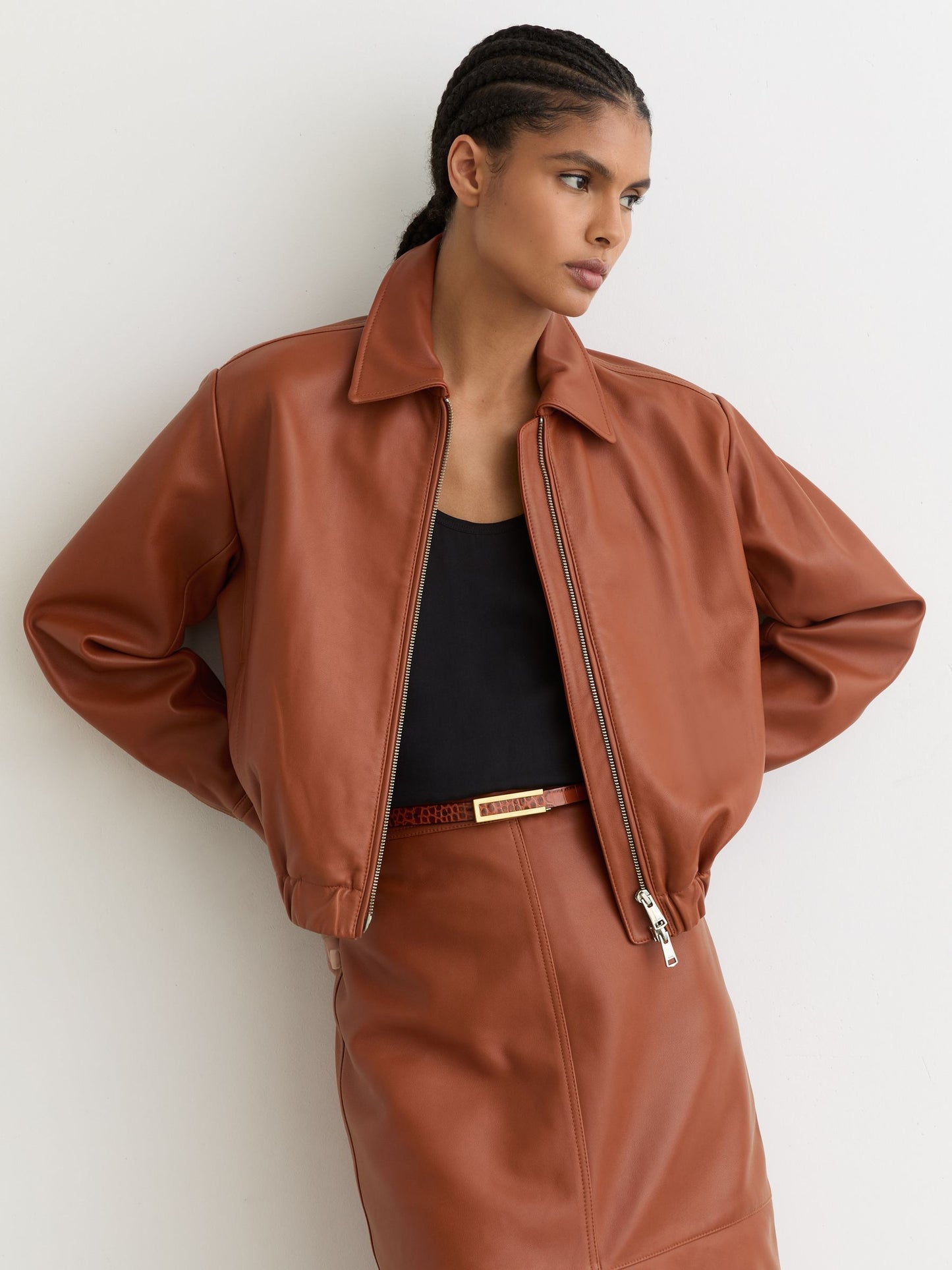 Leather Cropped Bomber Jacket in Tan