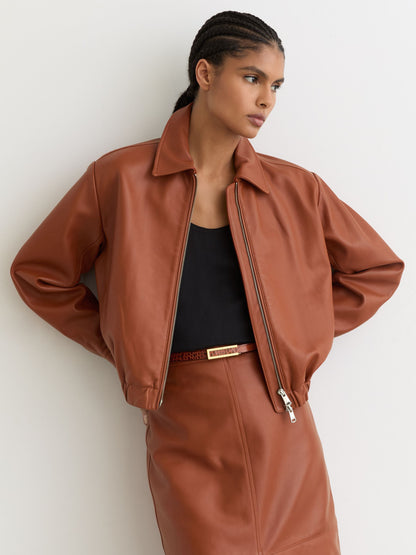 Leather Cropped Bomber Jacket in Tan