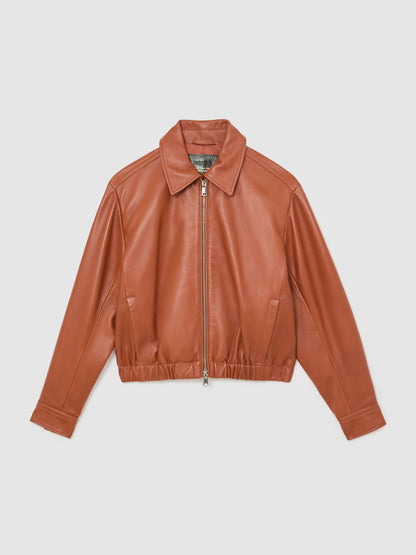 Leather Cropped Bomber Jacket in Tan