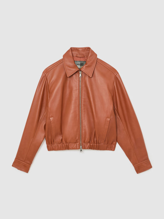 Leather Cropped Bomber Jacket in Tan