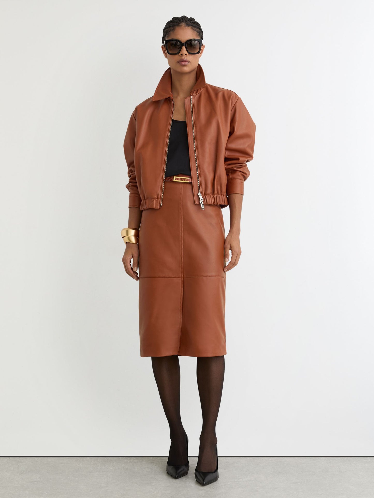 Leather Cropped Bomber Jacket in Tan