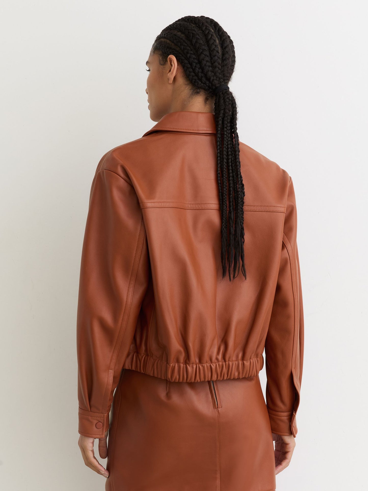 Leather Cropped Bomber Jacket in Tan