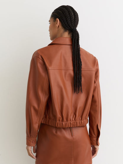 Leather Cropped Bomber Jacket in Tan