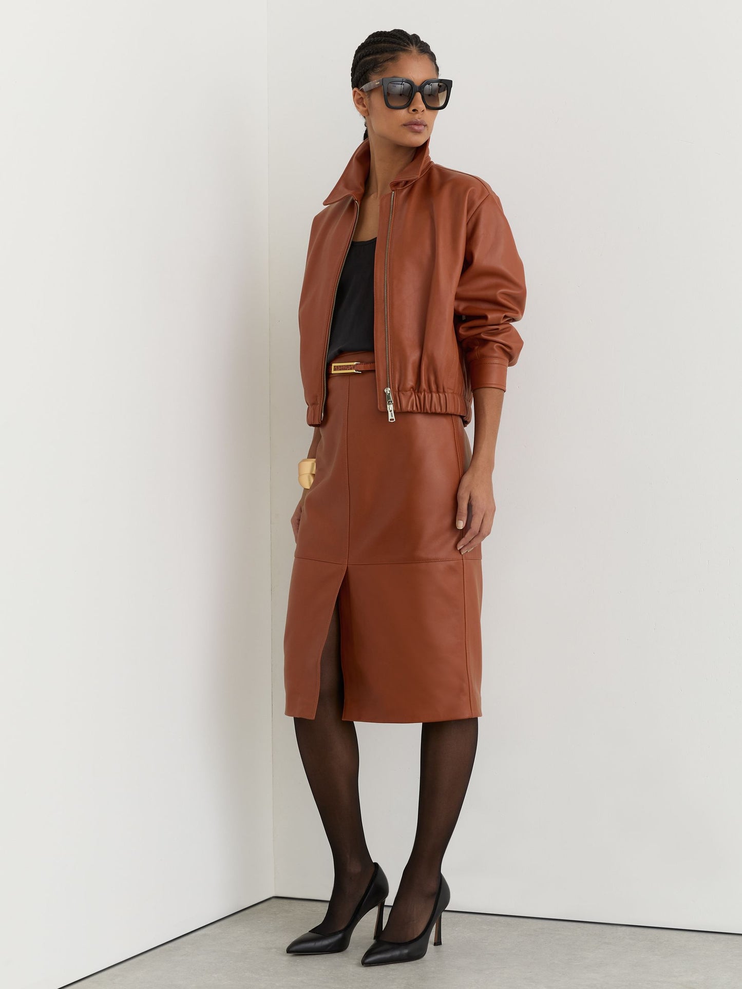 Leather Cropped Bomber Jacket in Tan