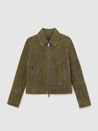 Tate Suede Zip-Through Jacket in Khaki Green