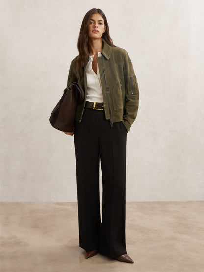 Tate Suede Zip-Through Jacket in Khaki Green