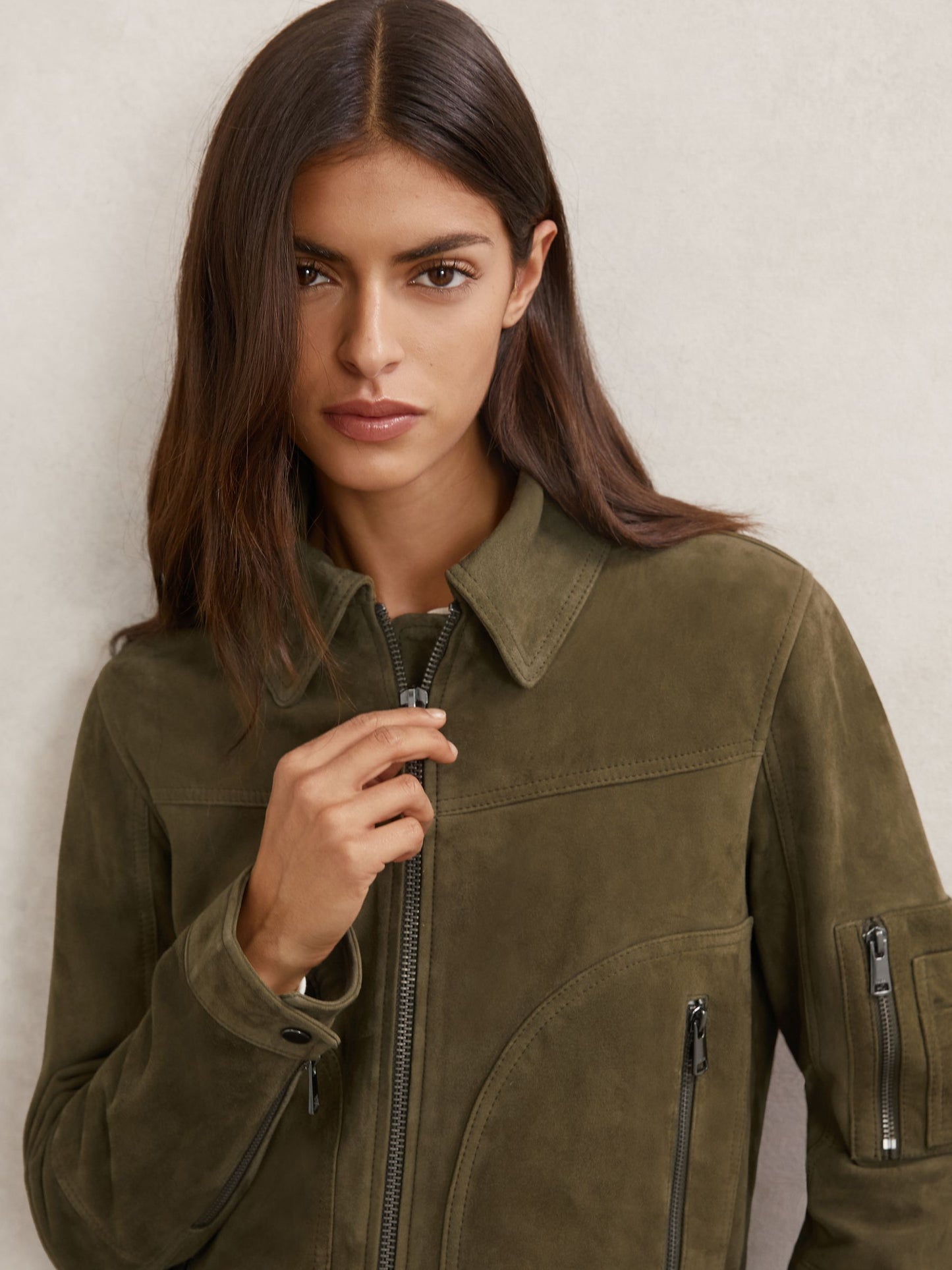 Tate Suede Zip-Through Jacket in Khaki Green