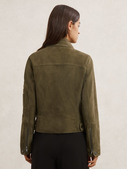Tate Suede Zip-Through Jacket in Khaki Green