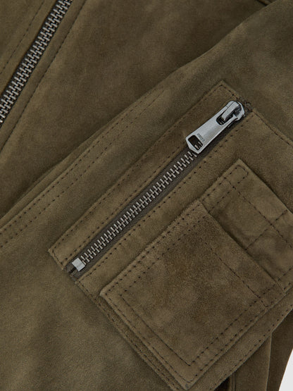 Tate Suede Zip-Through Jacket in Khaki Green