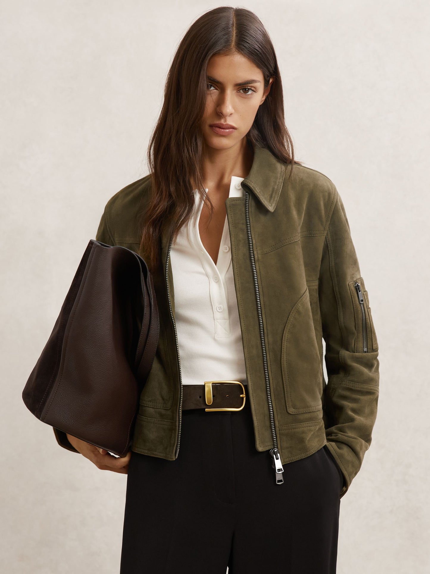 Tate Suede Zip-Through Jacket in Khaki Green