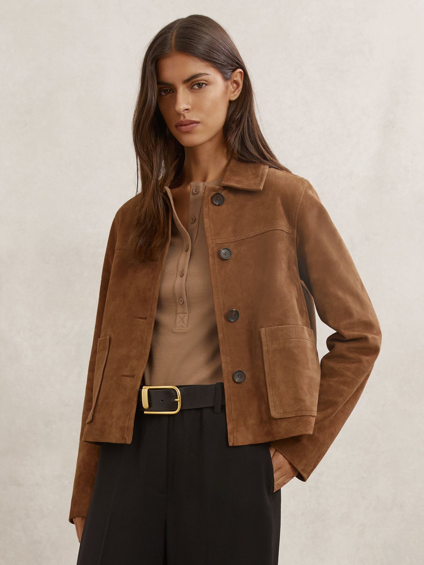 Suede Patch-Pocket Jacket in Tan