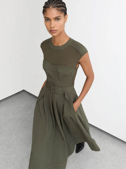 Mesh-Panel Belted Pleated Midi Dress in Khaki Green