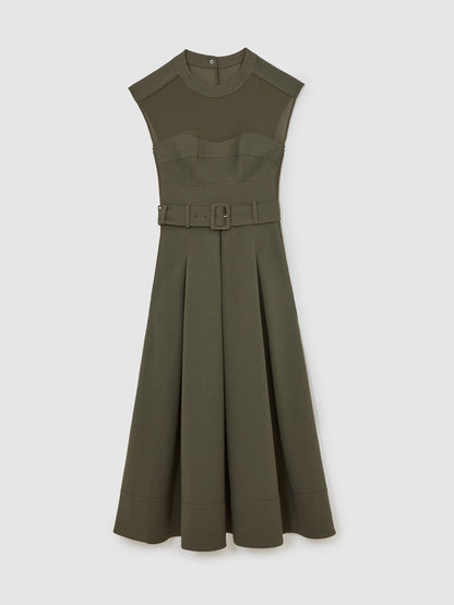 Mesh-Panel Belted Pleated Midi Dress in Khaki Green