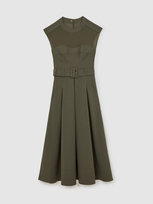 Mesh-Panel Belted Pleated Midi Dress in Khaki Green
