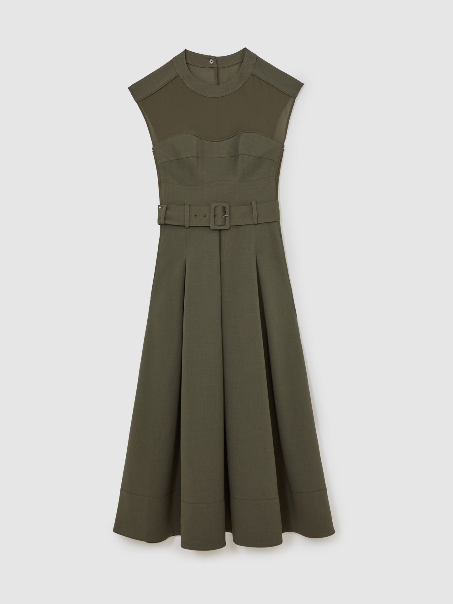 Mesh-Panel Belted Pleated Midi Dress in Khaki Green