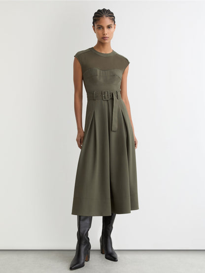 Mesh-Panel Belted Pleated Midi Dress in Khaki Green