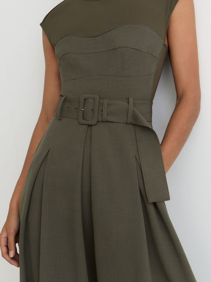 Mesh-Panel Belted Pleated Midi Dress in Khaki Green