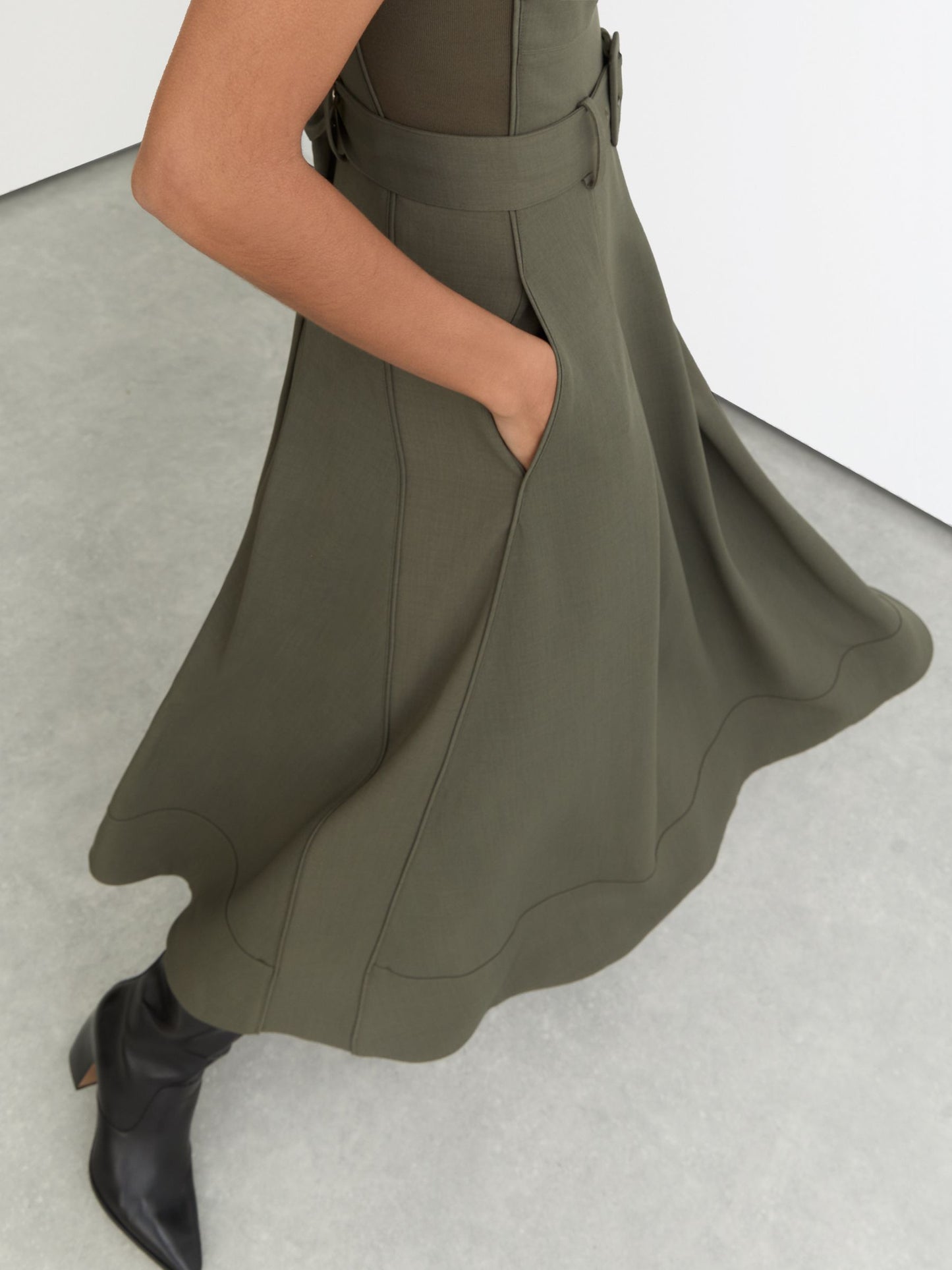 Mesh-Panel Belted Pleated Midi Dress in Khaki Green