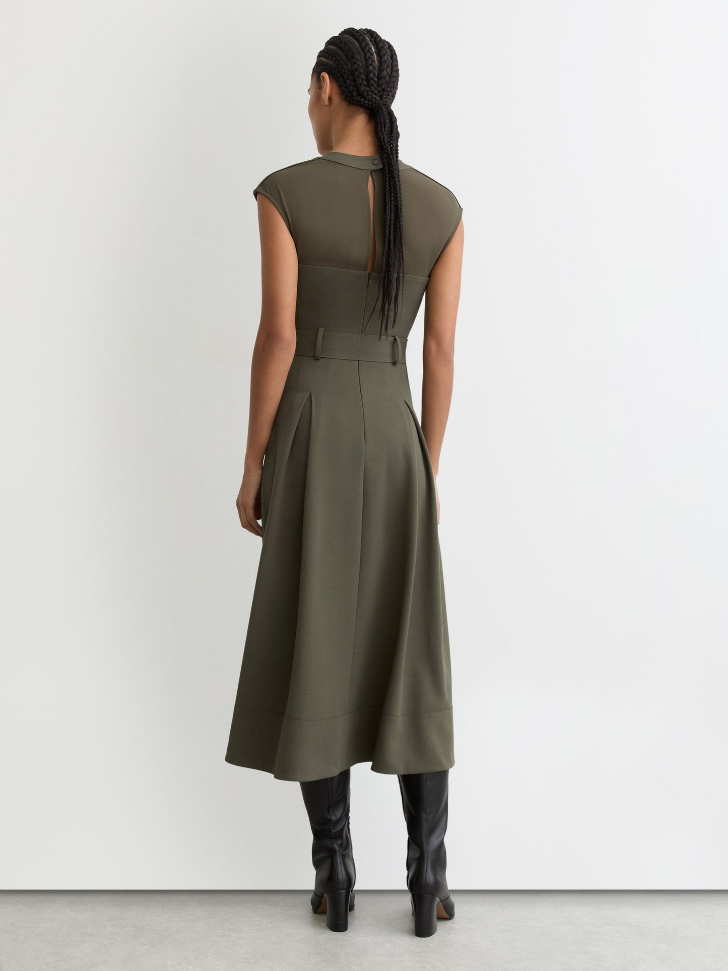 Mesh-Panel Belted Pleated Midi Dress in Khaki Green