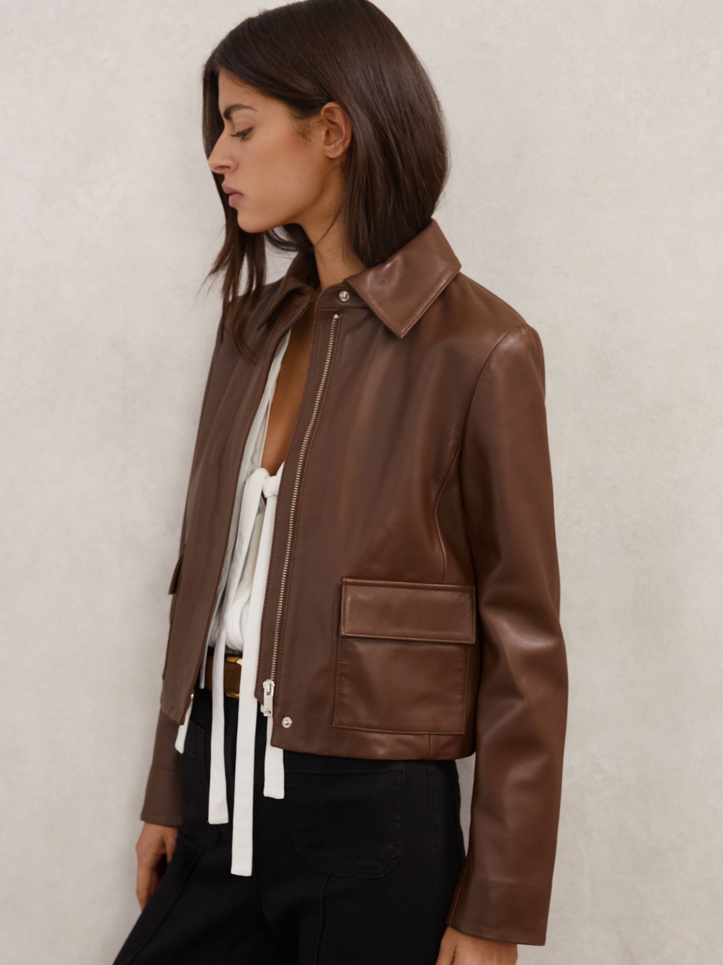 Collared Leather Jacket in Mocha Brown