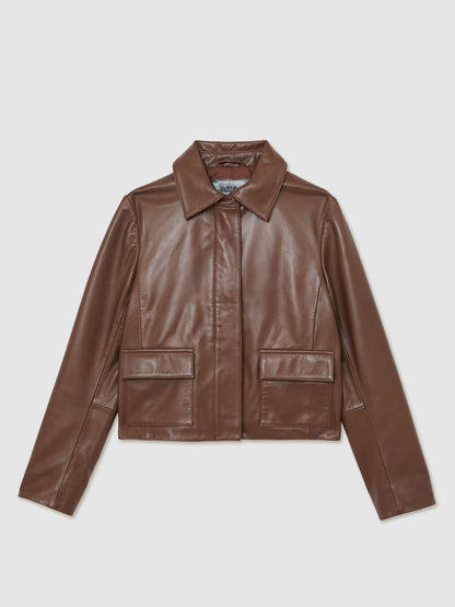 Collared Leather Jacket in Mocha Brown