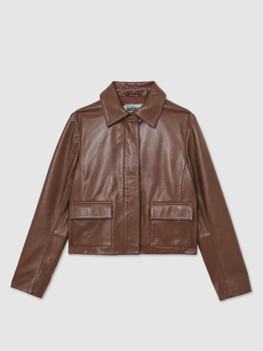 Collared Leather Jacket in Mocha Brown