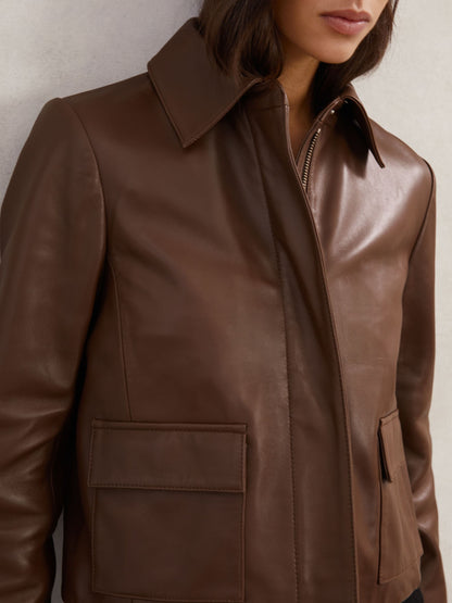 Collared Leather Jacket in Mocha Brown