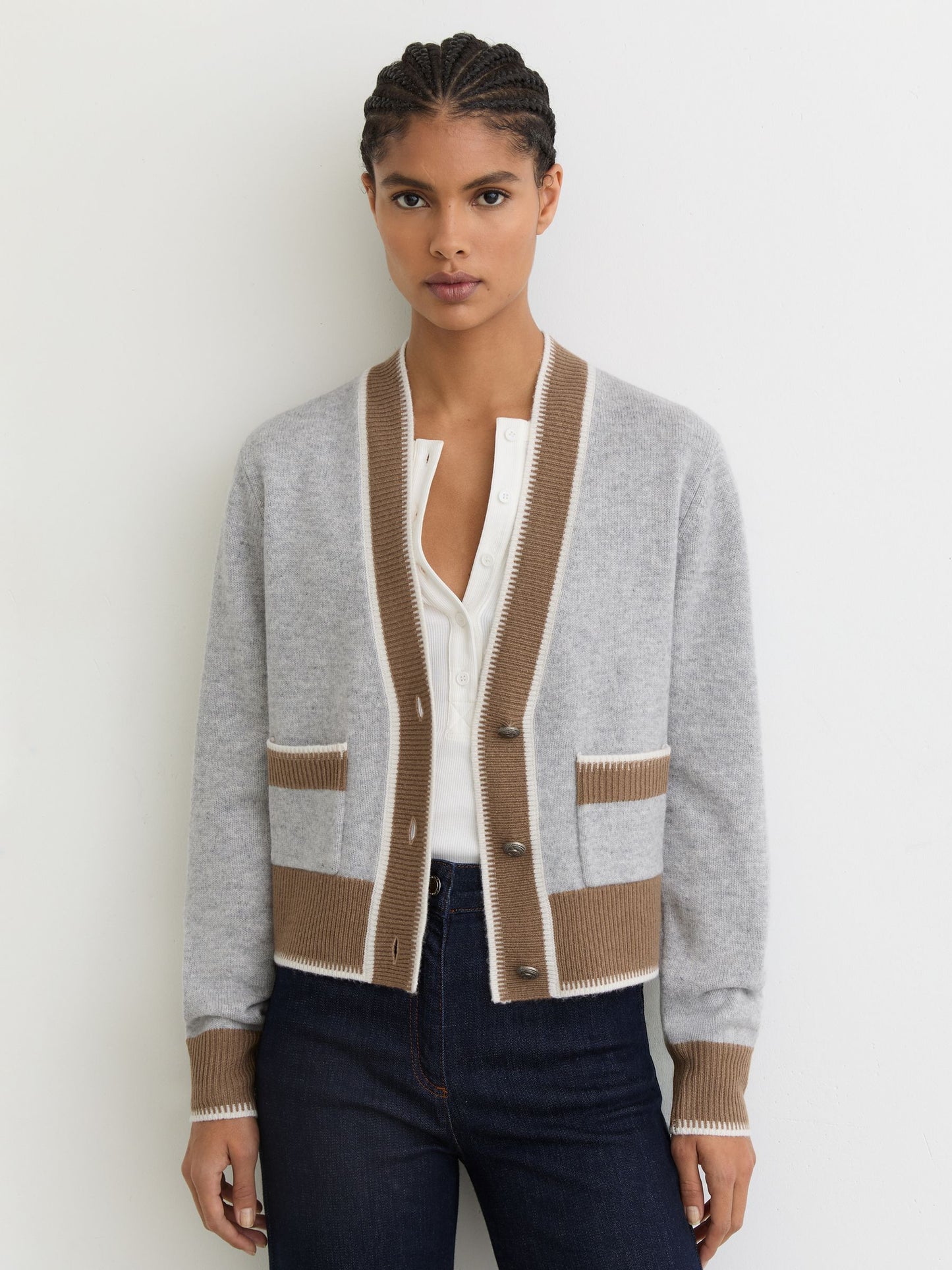 Wool-Cashmere Tipped Cardigan in Grey/Neutral