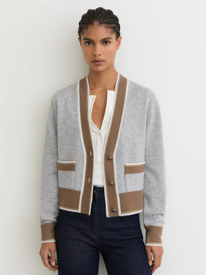 Wool-Cashmere Tipped Cardigan in Grey/Neutral