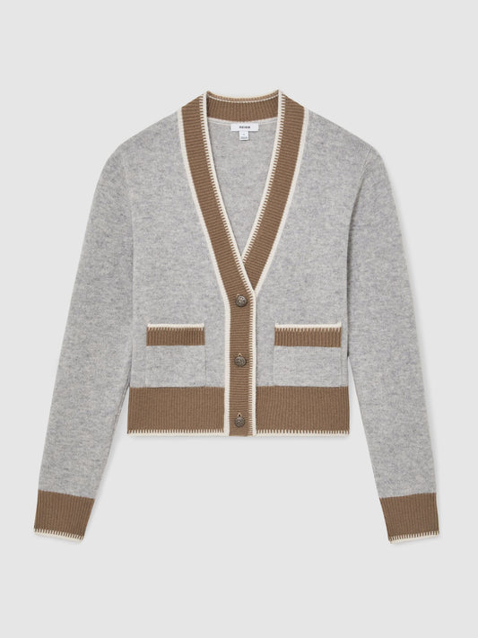 Wool-Cashmere Tipped Cardigan in Grey/Neutral